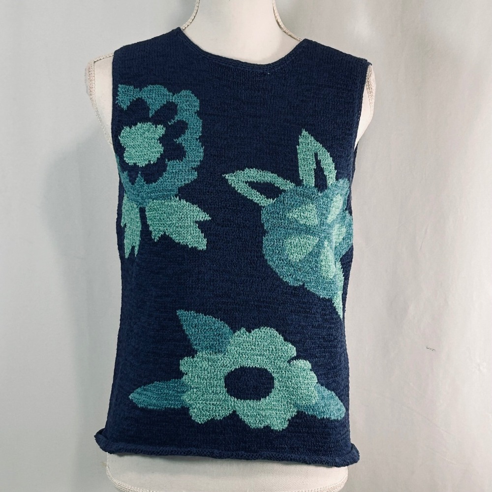 Josephine‎ Chaus Womens Small Navy Blue Floral Knit Sleeveless Shell Top HY84